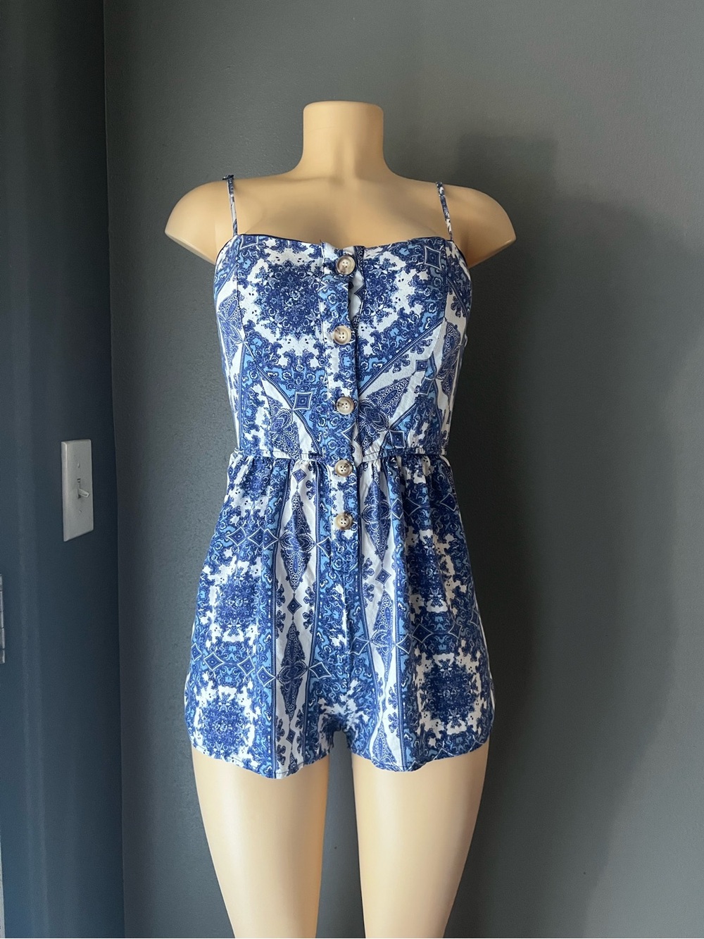 Blue and White  Button-Front Romper size Medium